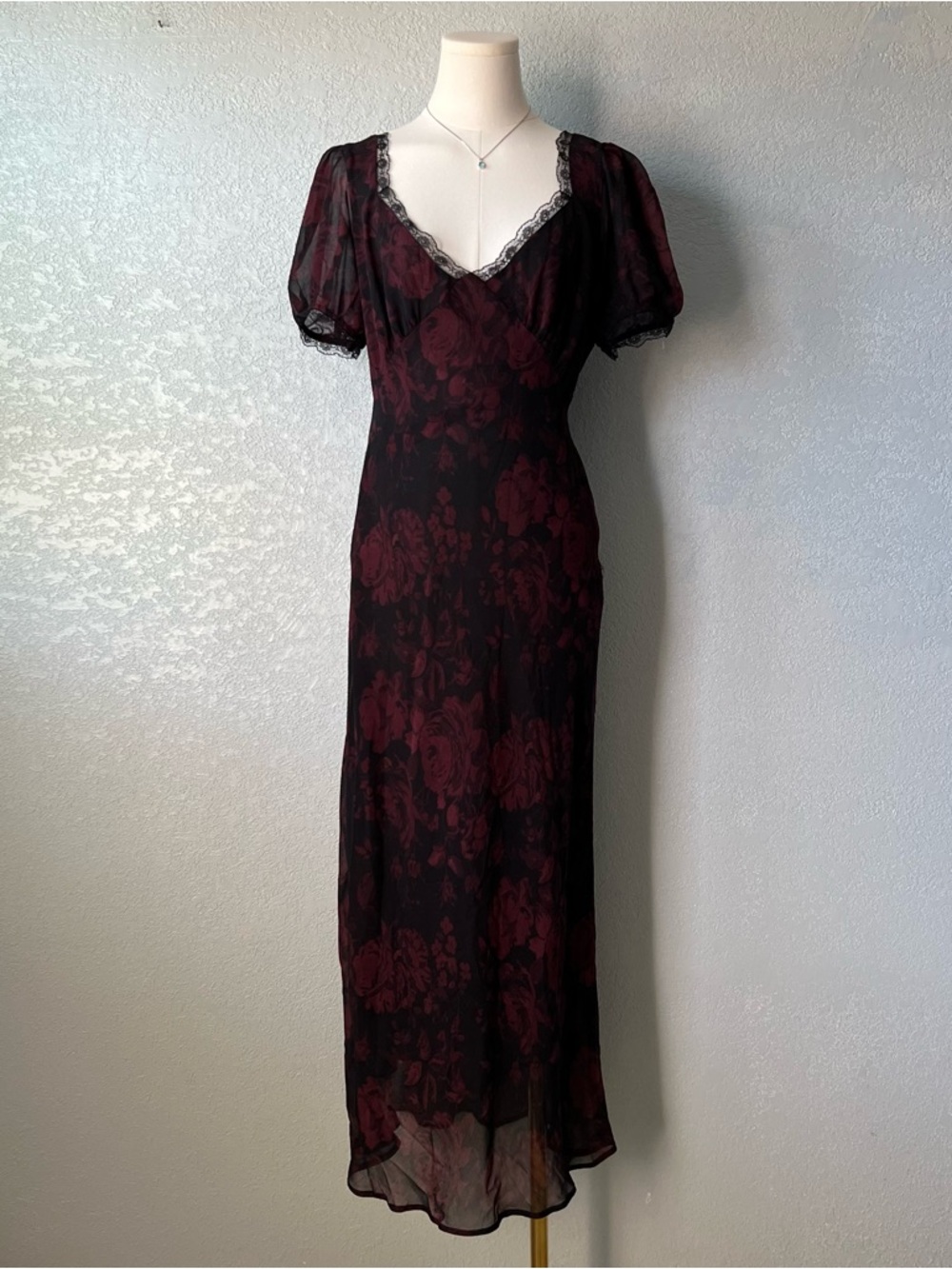 Dark Floral Midi Dress Sheer Lace Trim Puff Sleeve Romantic Goth M